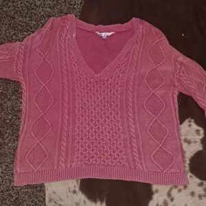 Pink Cable Knit V-Neck Sweater